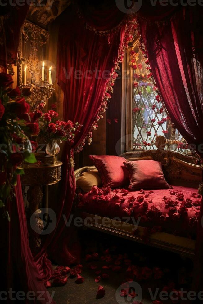 Romantic room interior with pink curtains and red hearts. Valentine's day concept. AI generated photo