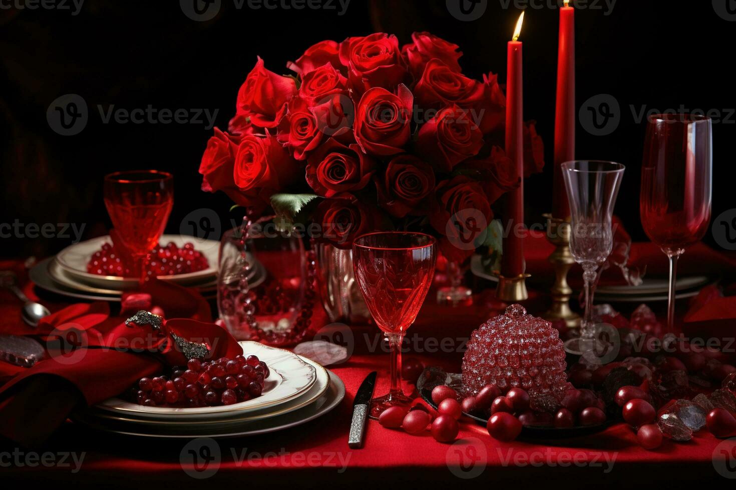 Romantic table setting with red roses, candles and glasses of wine.valentine concept AI generated photo