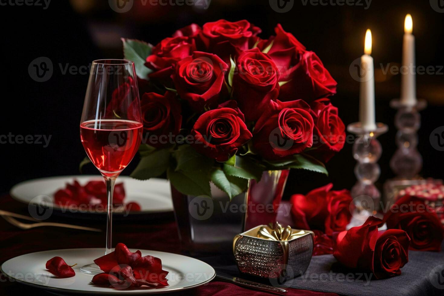 Romantic table setting with red roses, candles and glasses of wine.valentine concept AI generated photo