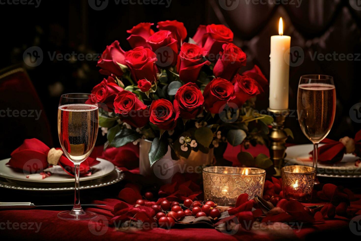 Romantic table setting with red roses, candles and glasses of wine.valentine concept AI generated photo
