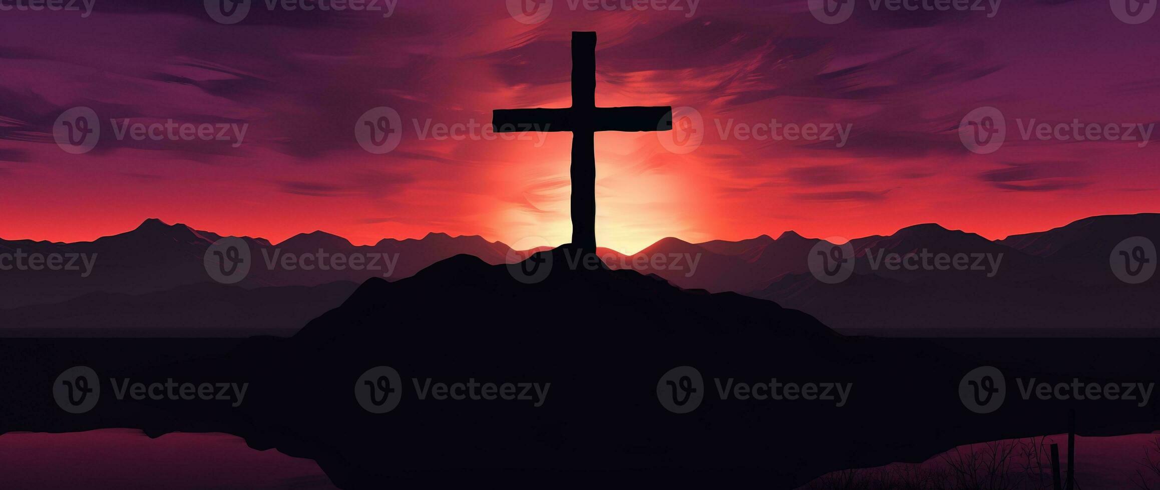 Cross in the mountains at sunset AI generated photo