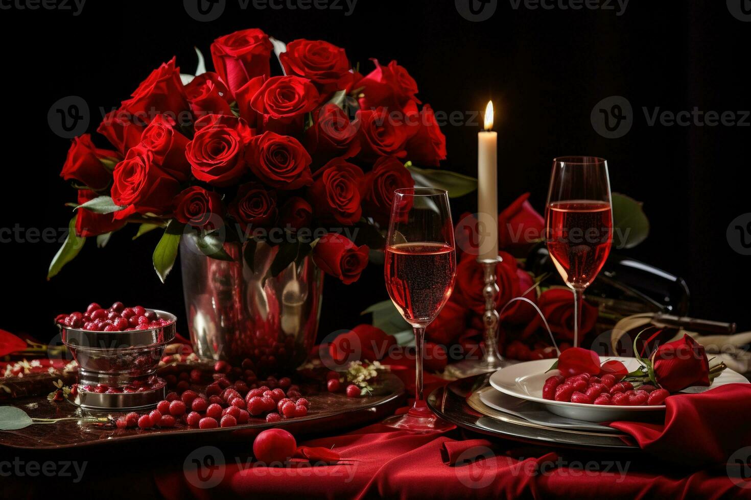 Romantic table setting with red roses, candles and glasses of wine.valentine concept AI generated photo