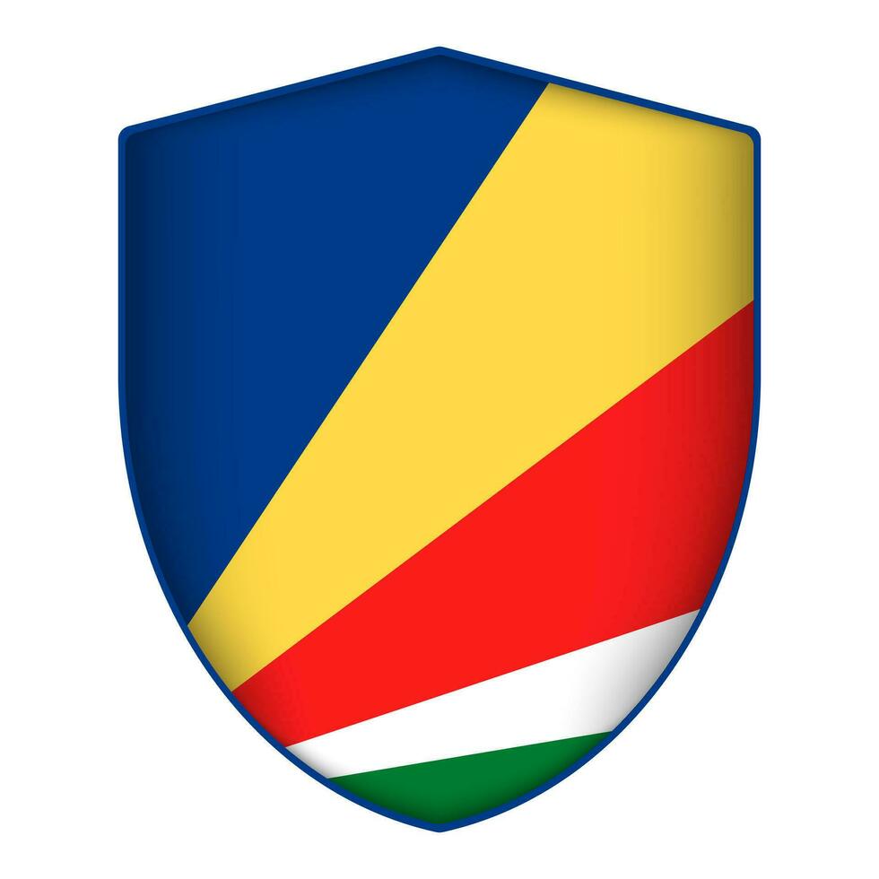 Seychelles flag in shield shape. Vector illustration.