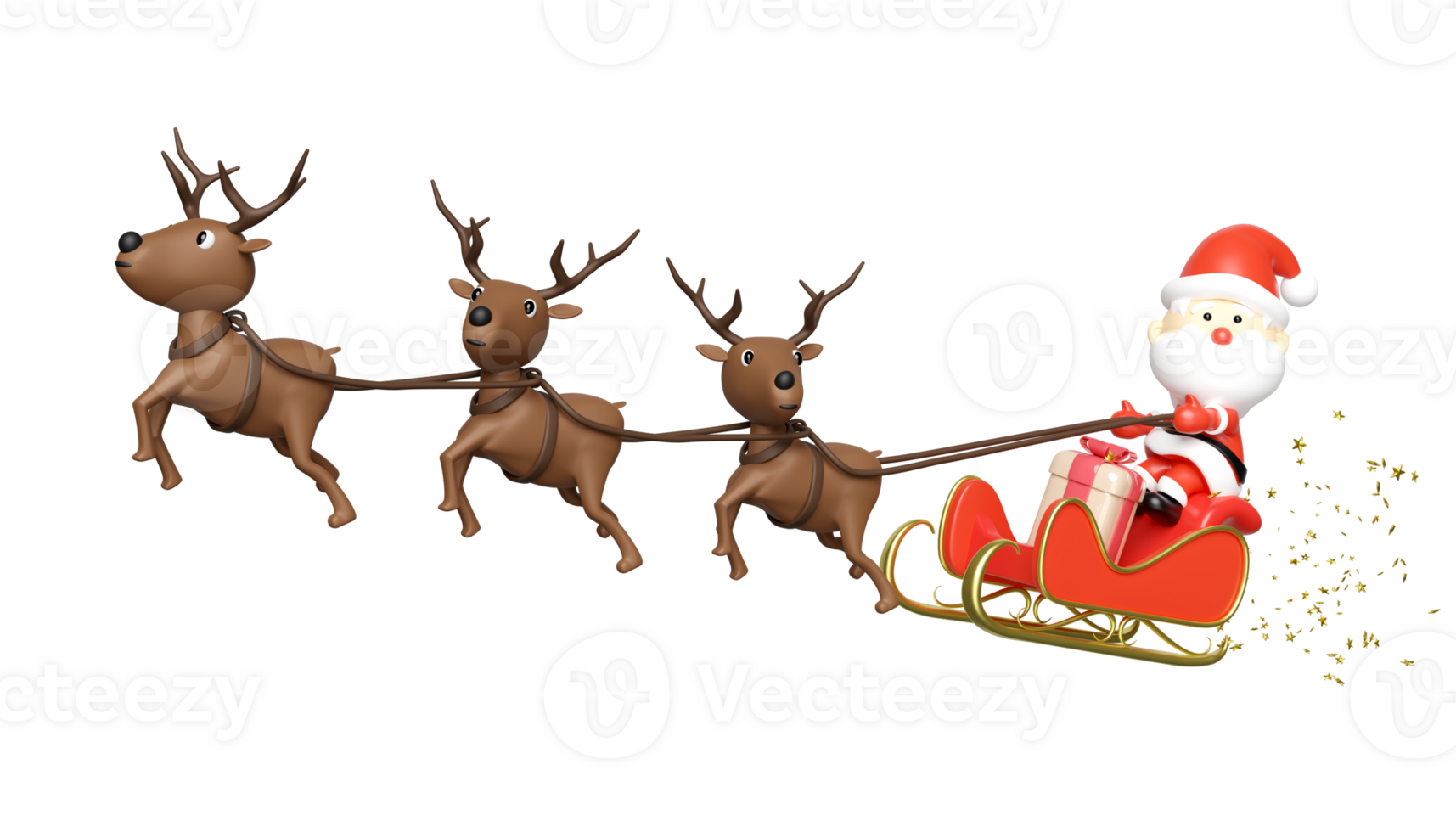 3d reindeer with Santa Claus, sleigh, gift box. merry christmas and happy new year, 3d render illustration png