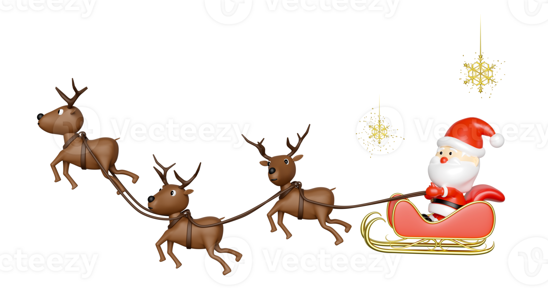 3d reindeer with Santa Claus, sleigh, gift box, snowflake. merry christmas and happy new year, 3d render illustration png