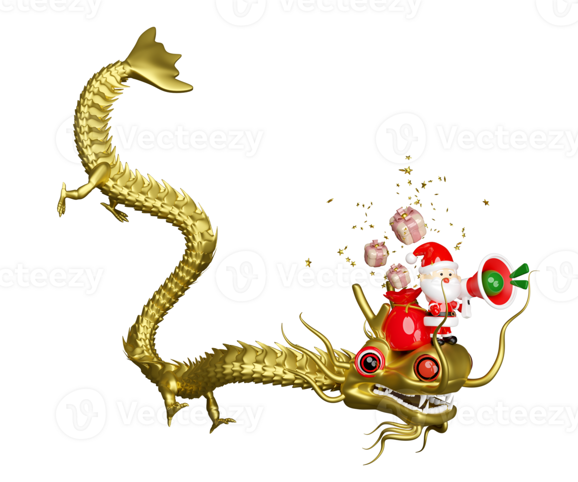 3d Gold Santa claus Reiten ein Drachen mit Geschenk Tasche, Geschenk Kasten, Megaphon oder Hand Lautsprecher, bekannt geben Beförderung Nachricht. fröhlich Weihnachten und glücklich Neu Jahr, 3d machen Illustration png