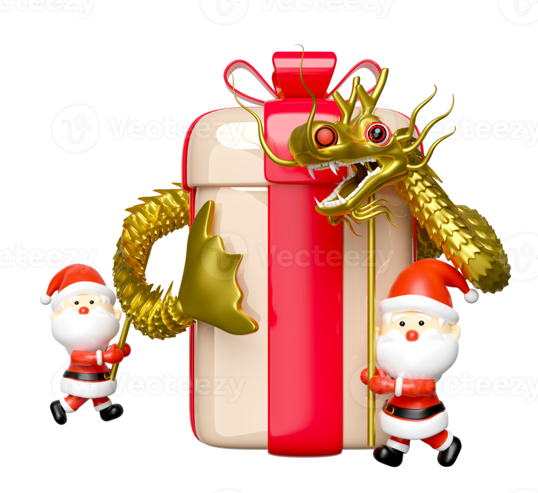 3d gold Chinese Dragon Dance with santa claus, gift box, hat. merry christmas and happy new year, 3d render illustration png