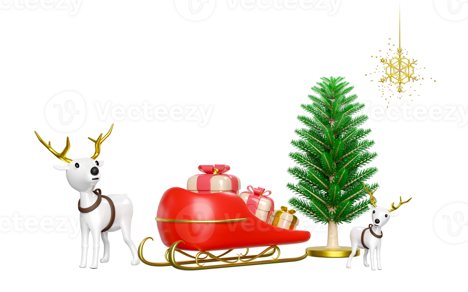 3d reindeer with sleigh, pine tree, gift box, snowflake. merry christmas and happy new year, 3d render illustration png