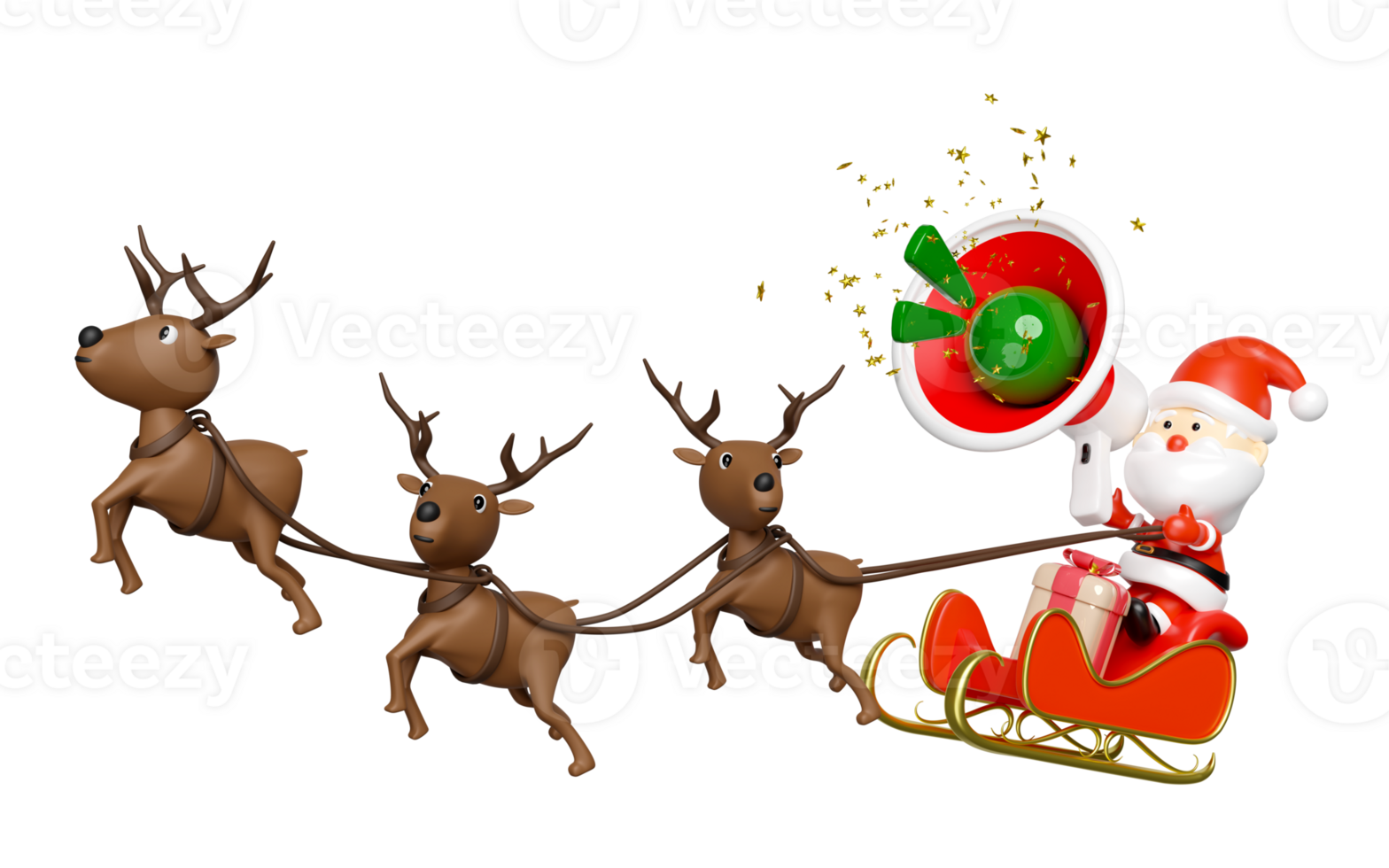 3d reindeer with Santa Claus, sleigh, gift box, megaphone or hand speaker, announce promotion news. merry christmas and happy new year, 3d render illustration png