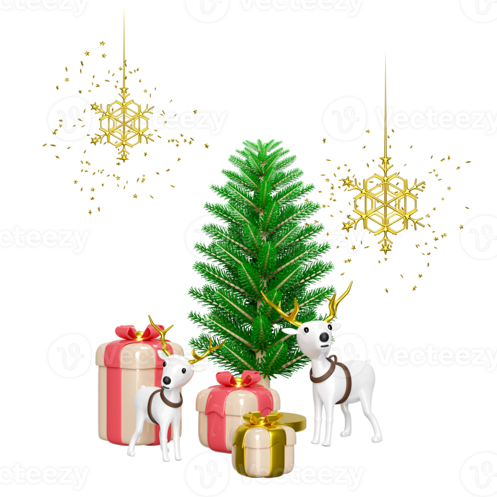 3d reindeer with pine tree, gift box, snowflake. merry christmas and happy new year, 3d render illustration png