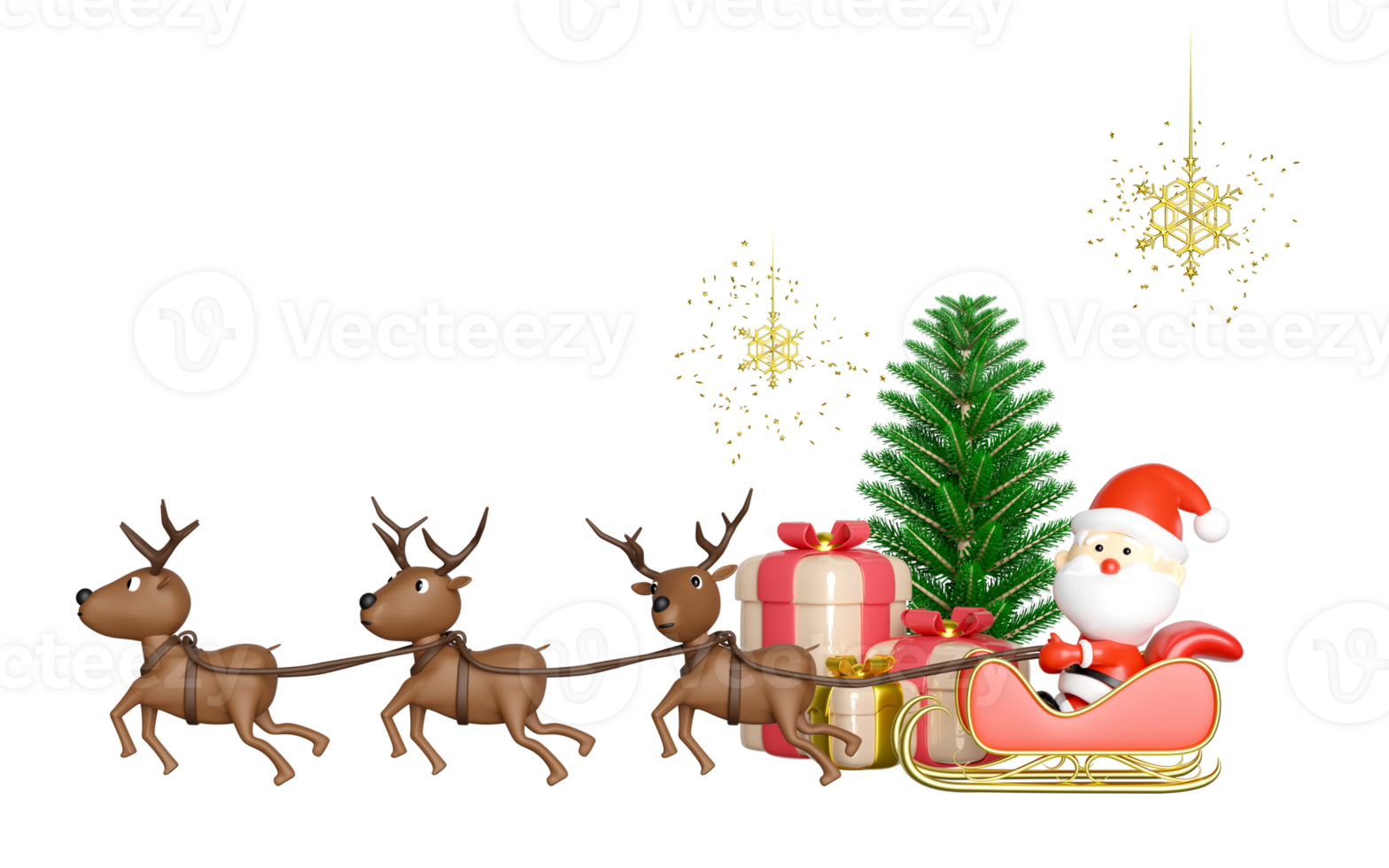 3d rendier met de kerstman claus, slee, geschenk doos, pijnboom boom, geschenk doos, sneeuwvlok. vrolijk Kerstmis en gelukkig nieuw jaar, 3d geven illustratie png