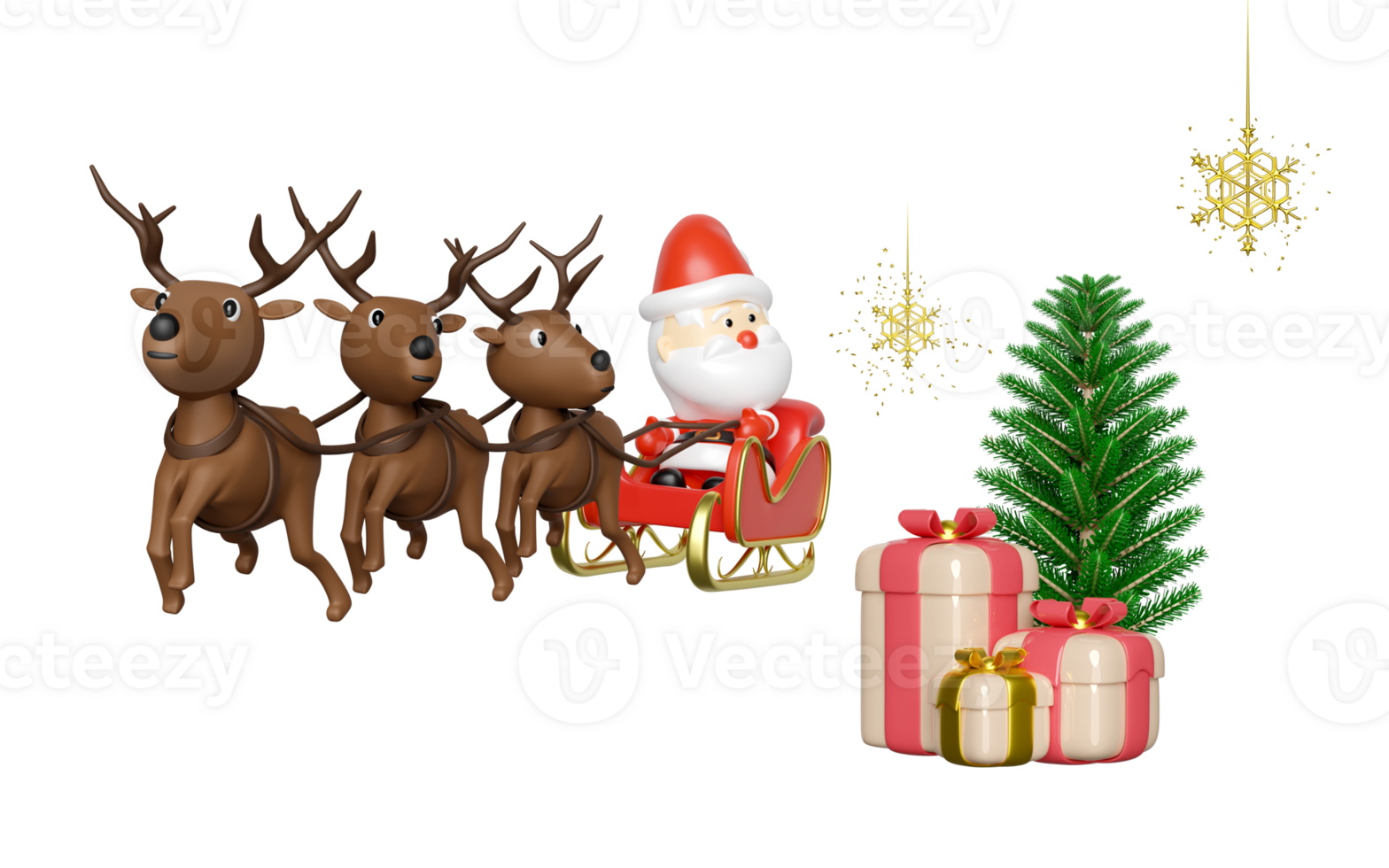 3d reindeer with Santa Claus, sleigh, gift box, pine tree, gift box, snowflake. merry christmas and happy new year, 3d render illustration png
