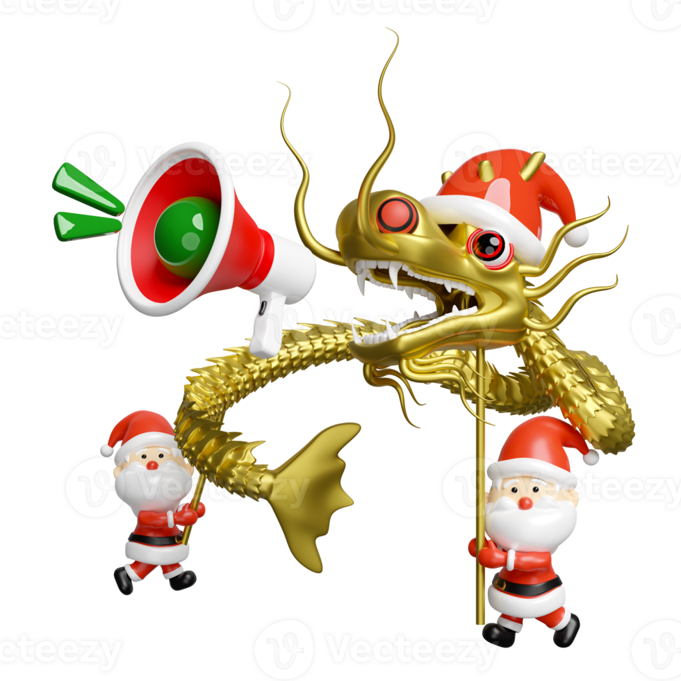 3d gold Chinese Dragon Dance with santa claus, megaphone or hand speaker, announce promotion news. merry christmas and happy new year, 3d render illustration png