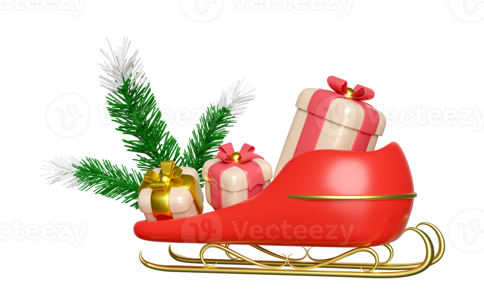 3d sleigh with pine leaves, gift box. merry christmas and happy new year, 3d render illustration png