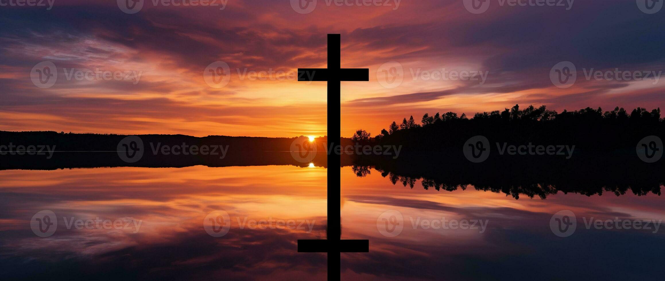 Concept or conceptual wood cross or religion symbol shape over a sunset sky background banner AI generated photo