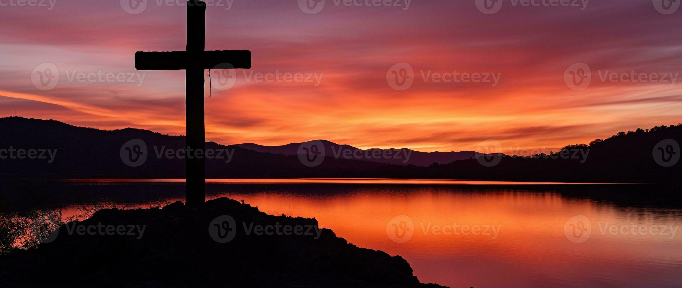 Concept or conceptual wood cross or religion symbol shape over a sunset sky background banner AI generated photo