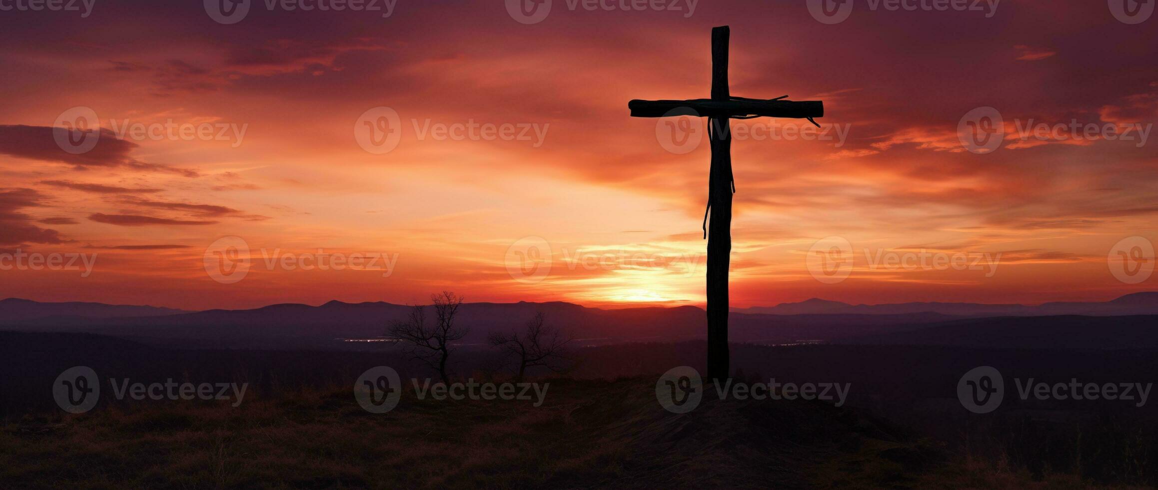 Concept or conceptual wood cross or religion symbol shape over a sunset sky background banner AI generated photo
