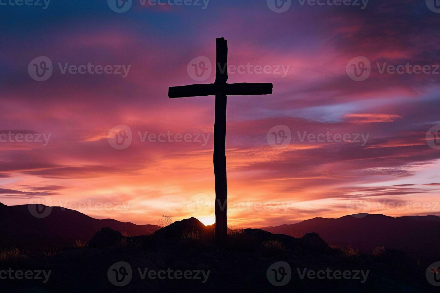 Concept or conceptual wood cross or religion symbol shape over a sunset sky background banner AI generated photo
