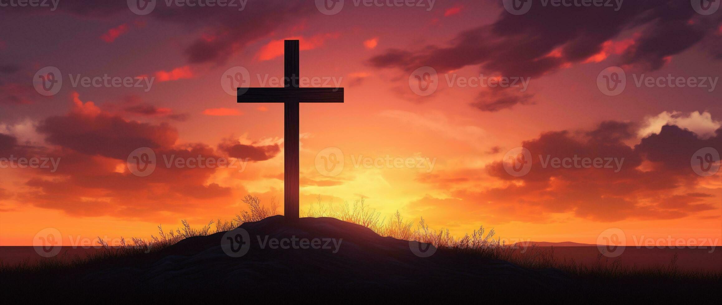Concept or conceptual wood cross or religion symbol shape over a sunset sky background banner AI generated photo