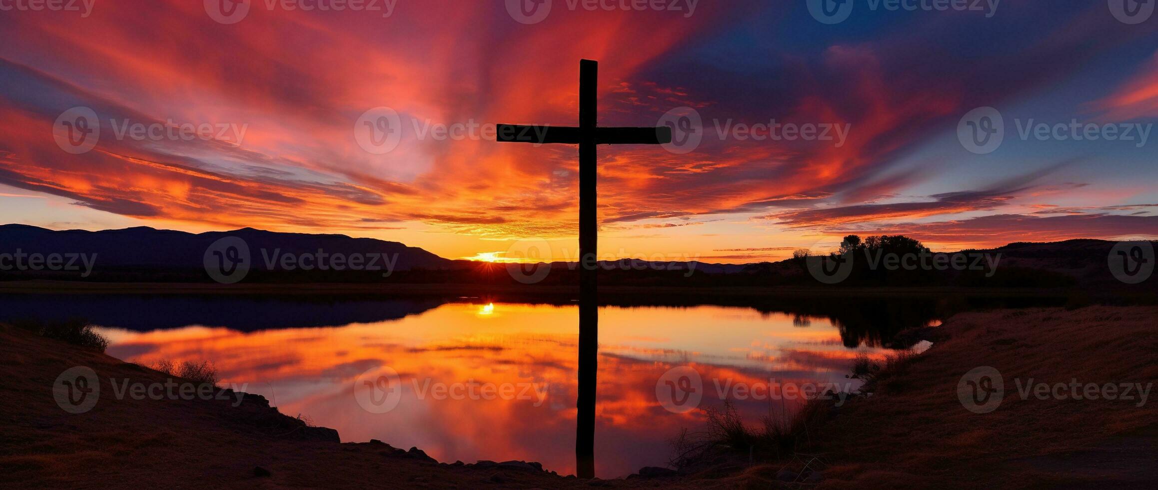 concepto o conceptual madera cruzar o religión símbolo forma terminado un puesta de sol cielo antecedentes bandera ai generado foto