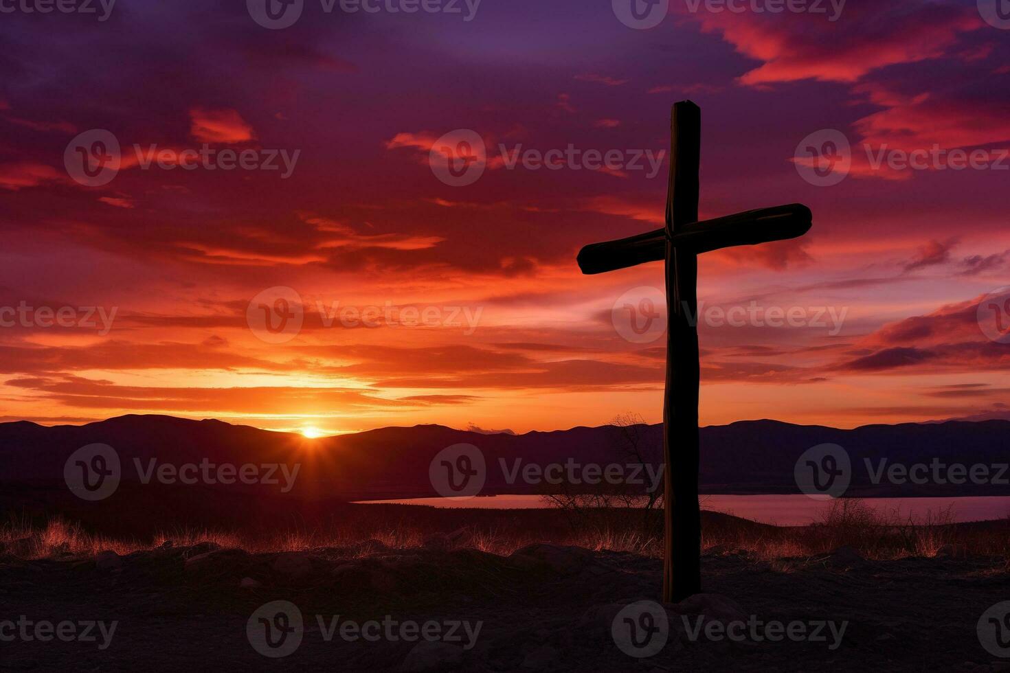 Concept or conceptual wood cross or religion symbol shape over a sunset sky background banner AI generated photo