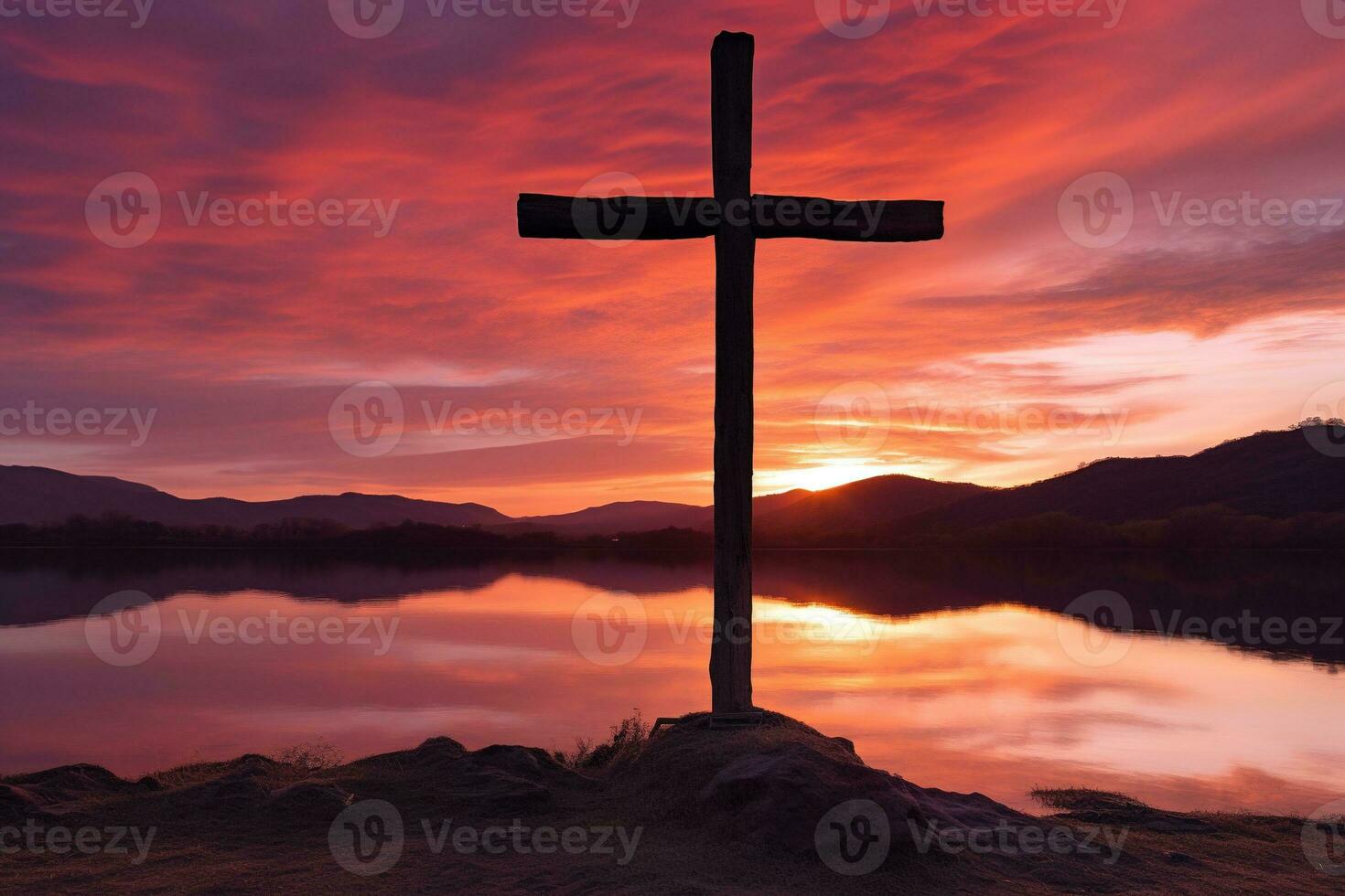 Concept or conceptual wood cross or religion symbol shape over a sunset sky background banner AI generated photo