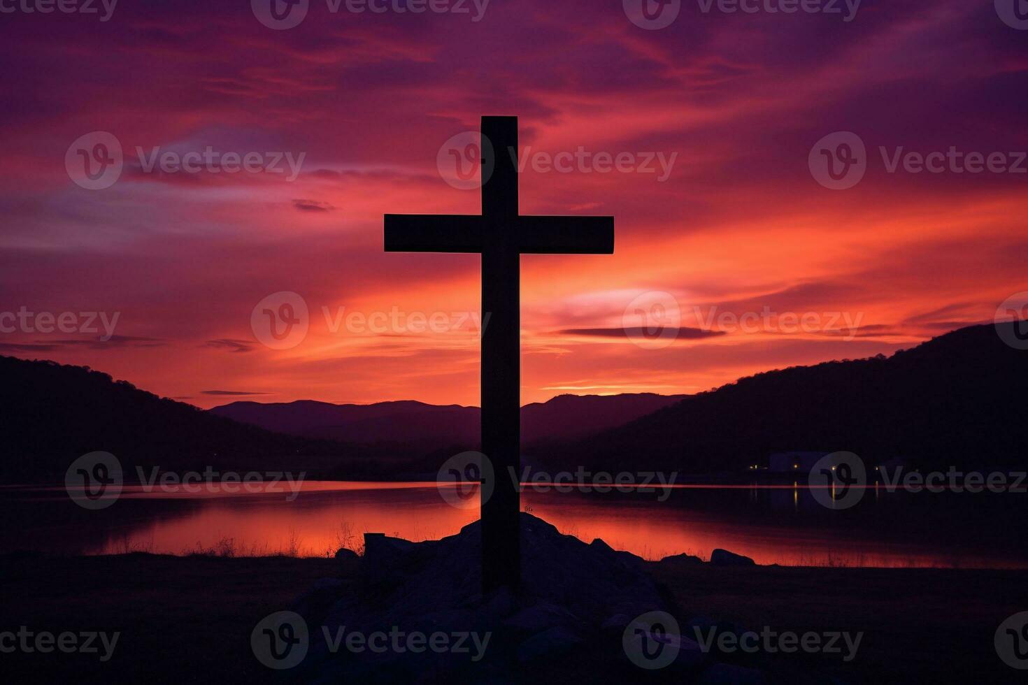 Concept or conceptual wood cross or religion symbol shape over a sunset sky background banner AI generated photo