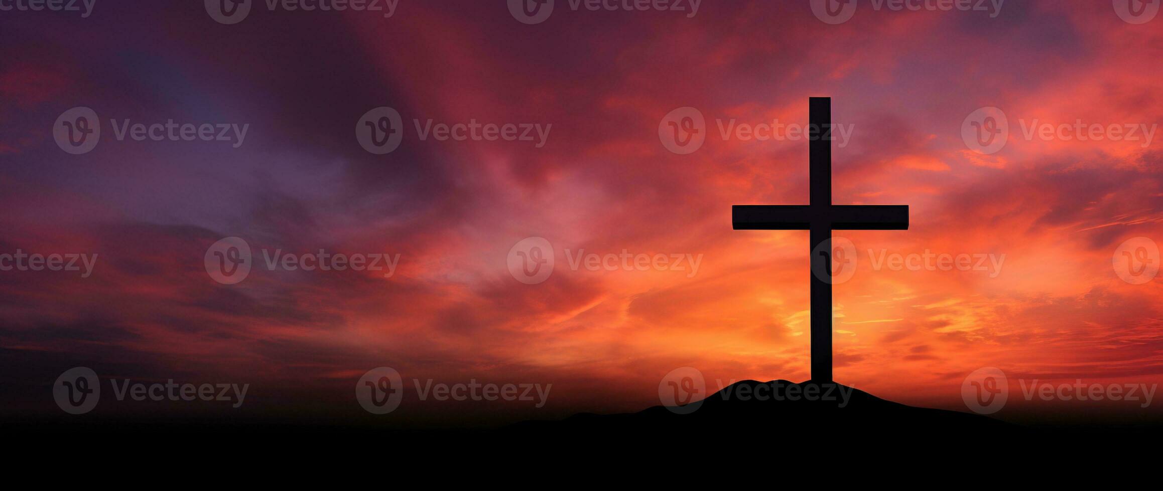 Concept or conceptual wood cross or religion symbol shape over a sunset sky background banner AI generated photo