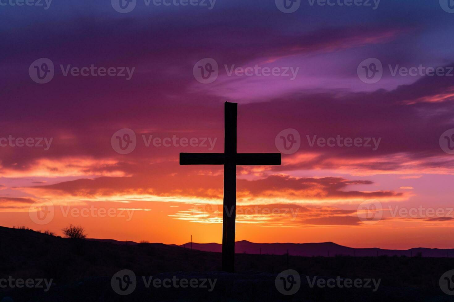 Concept or conceptual wood cross or religion symbol shape over a sunset sky background banner AI generated photo