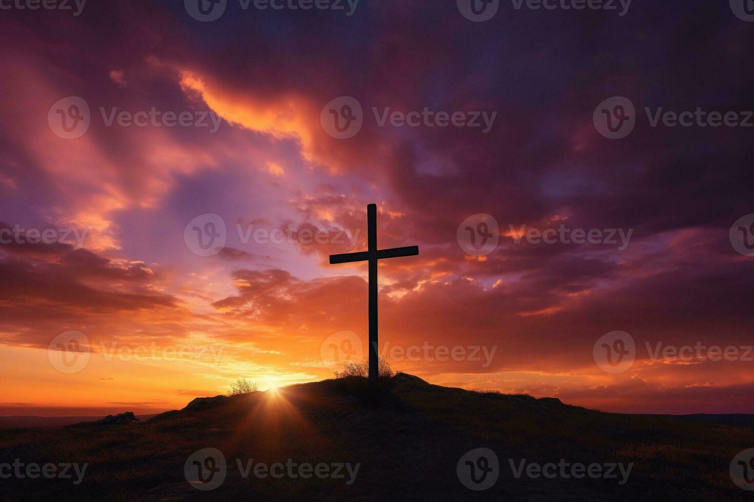 Concept or conceptual wood cross or religion symbol shape over a sunset sky background banner AI generated photo