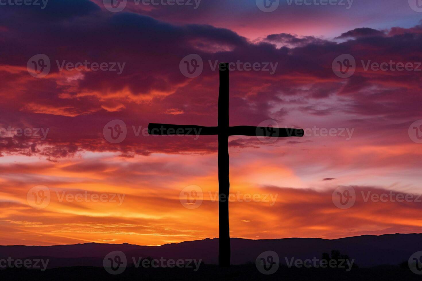 Concept or conceptual wood cross or religion symbol shape over a sunset sky background banner AI generated photo