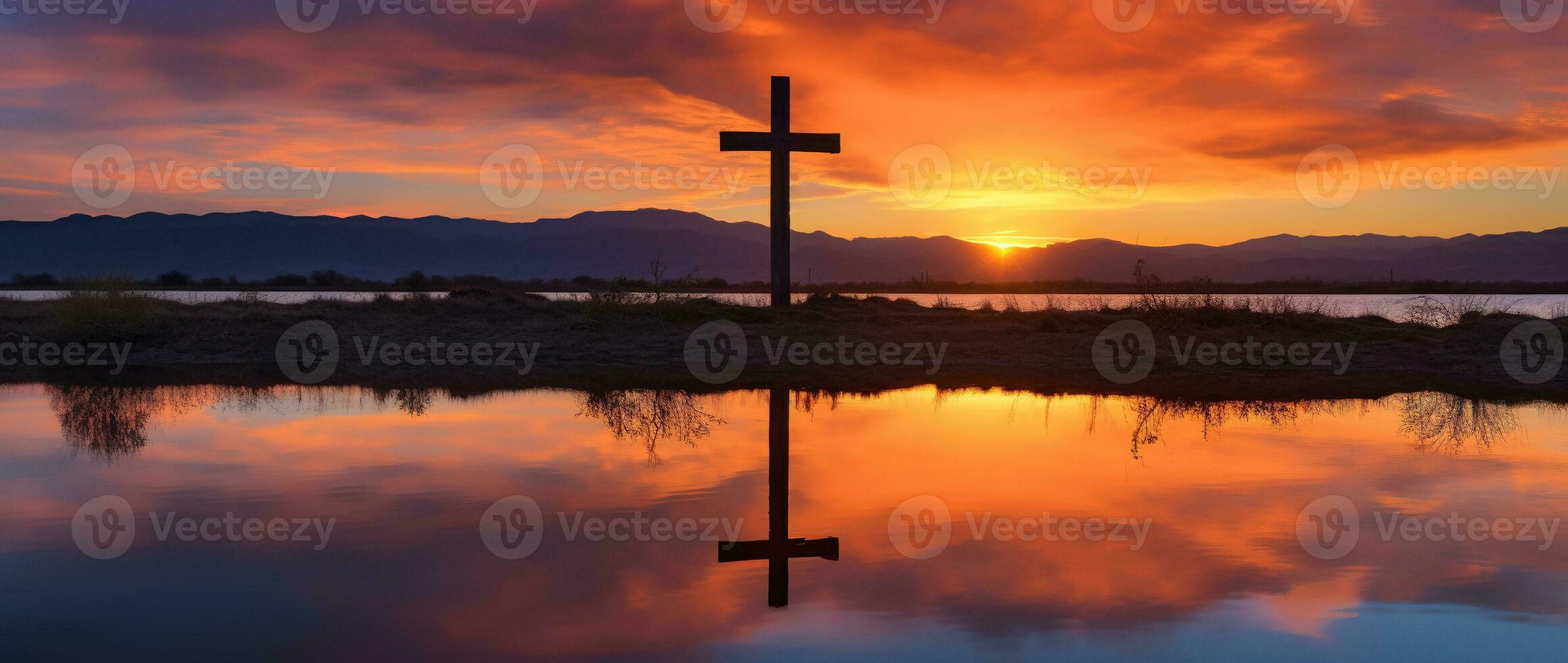 Concept or conceptual wood cross or religion symbol shape over a sunset sky background banner AI generated photo