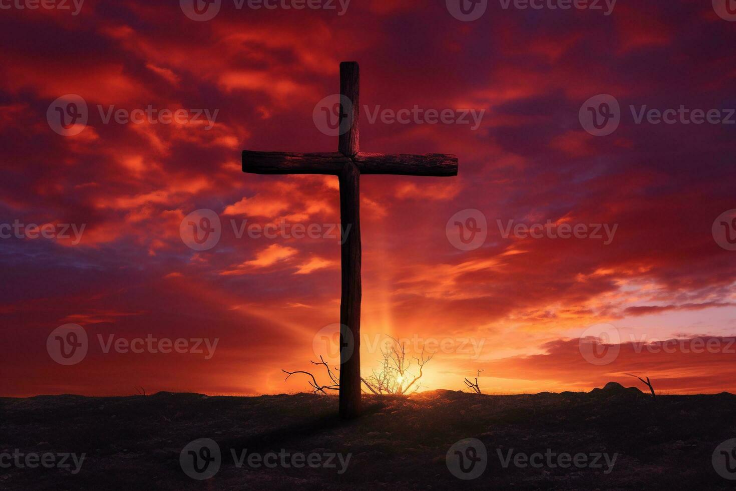 Concept or conceptual wood cross or religion symbol shape over a sunset sky background banner AI generated photo