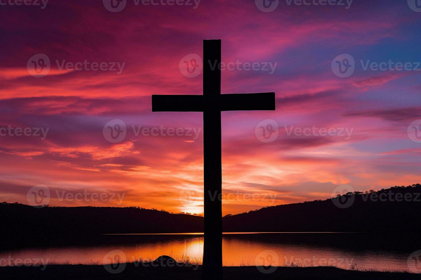 Concept or conceptual wood cross or religion symbol shape over a sunset sky background banner AI generated photo