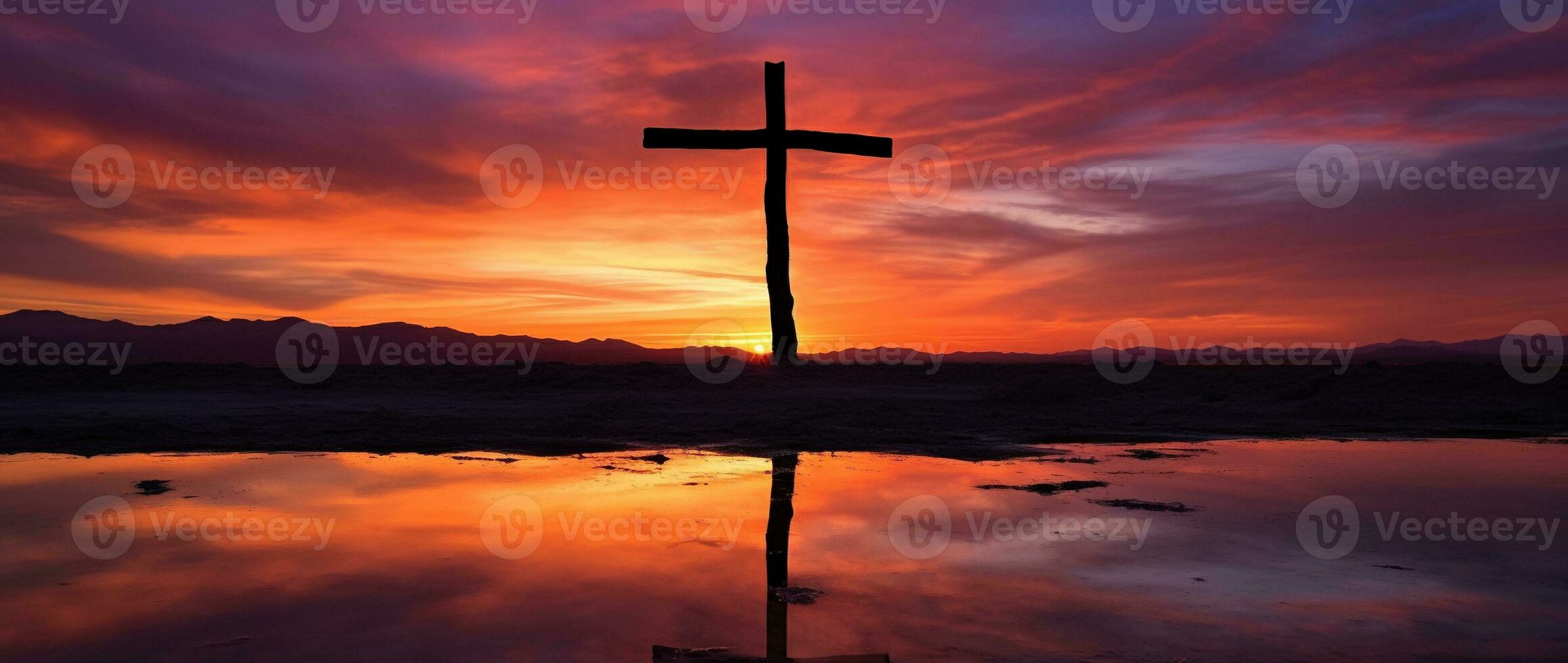 Concept or conceptual wood cross or religion symbol shape over a sunset sky background banner AI generated photo