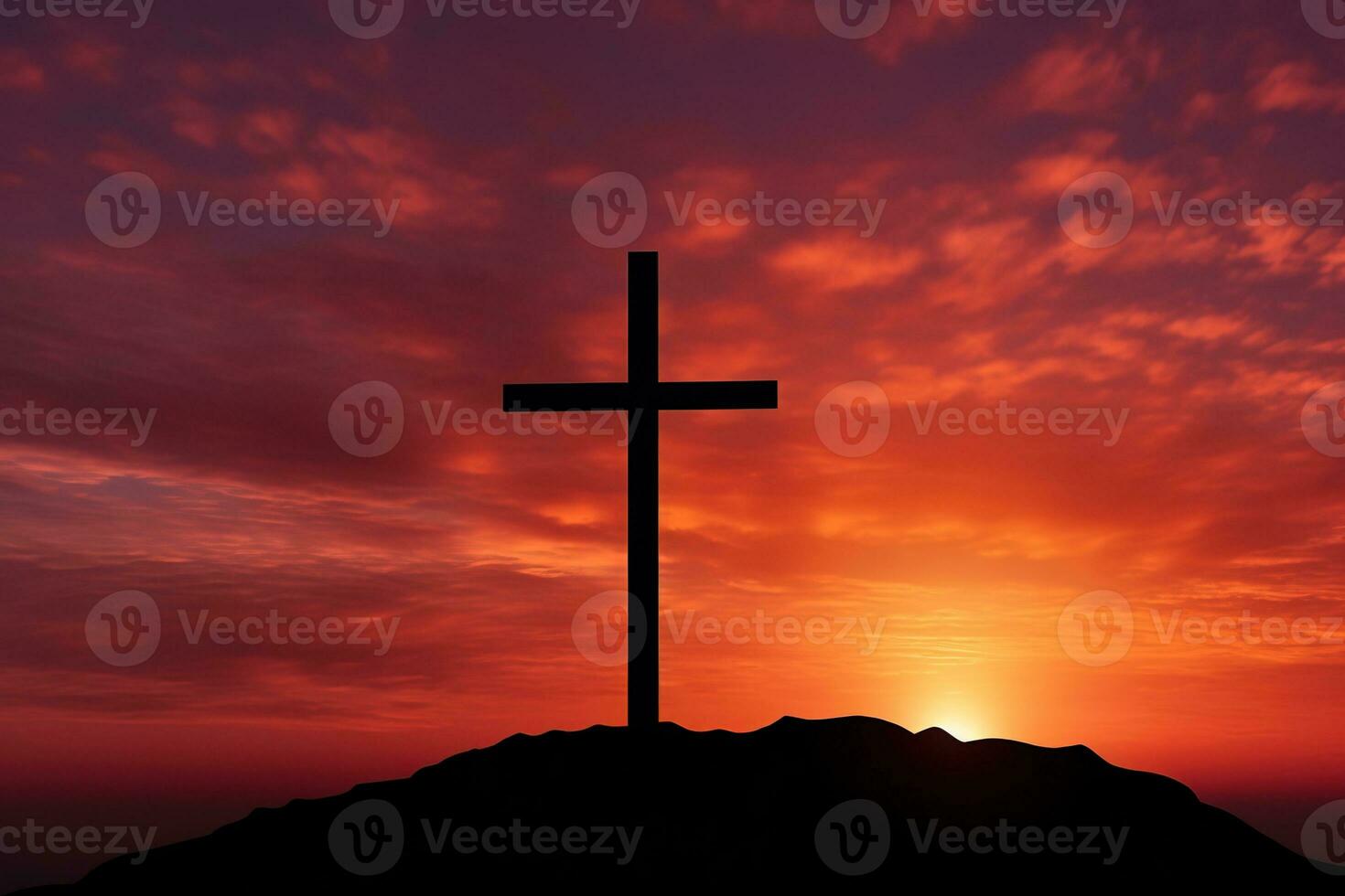 Concept or conceptual wood cross or religion symbol shape over a sunset sky background banner AI generated photo