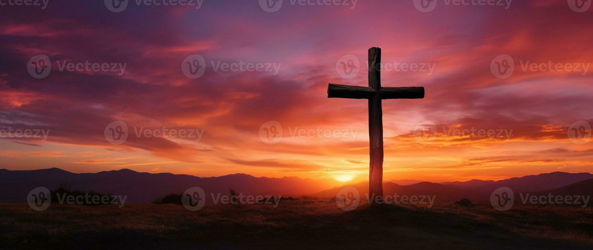 Concept or conceptual wood cross or religion symbol shape over a sunset sky background banner AI generated photo