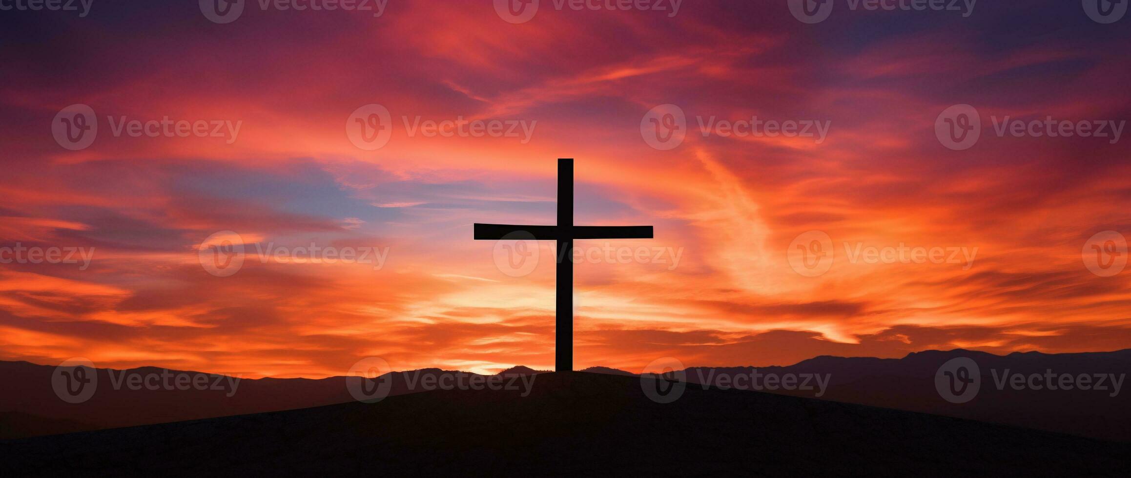 Concept or conceptual wood cross or religion symbol shape over a sunset sky background banner AI generated photo