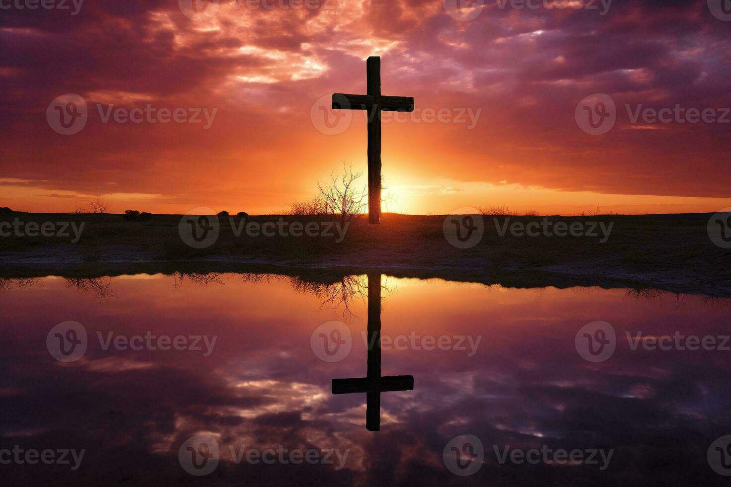 Concept or conceptual wood cross or religion symbol shape over a sunset sky background banner AI generated photo