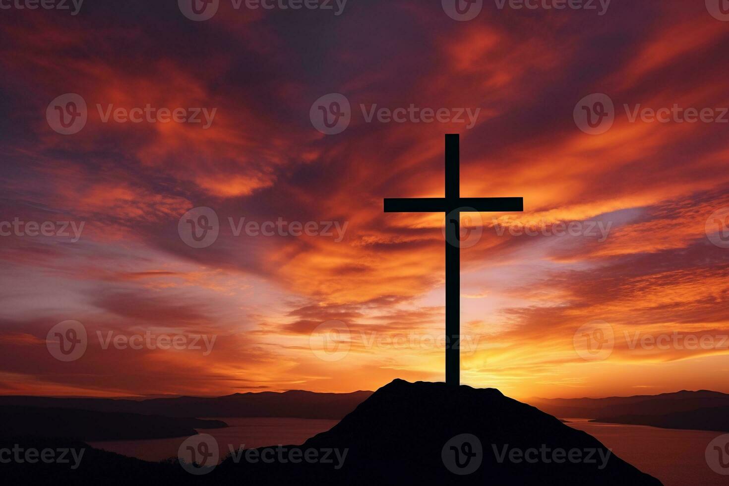 Concept or conceptual wood cross or religion symbol shape over a sunset sky background banner AI generated photo