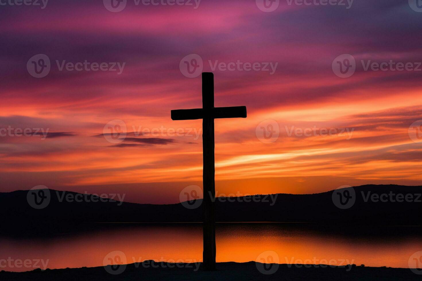 Concept or conceptual wood cross or religion symbol shape over a sunset sky background banner AI generated photo