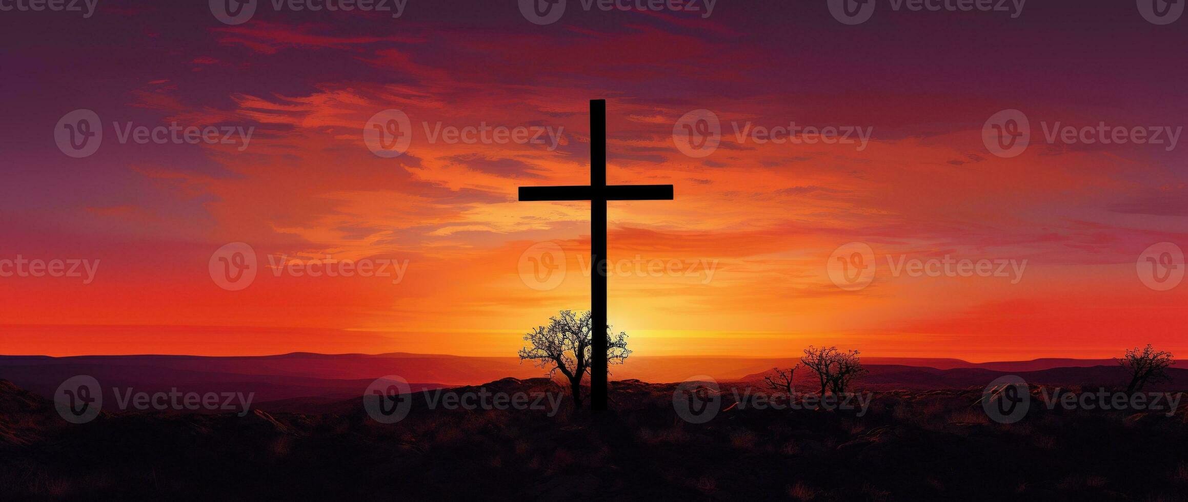 Concept or conceptual wood cross or religion symbol shape over a sunset sky background banner AI generated photo