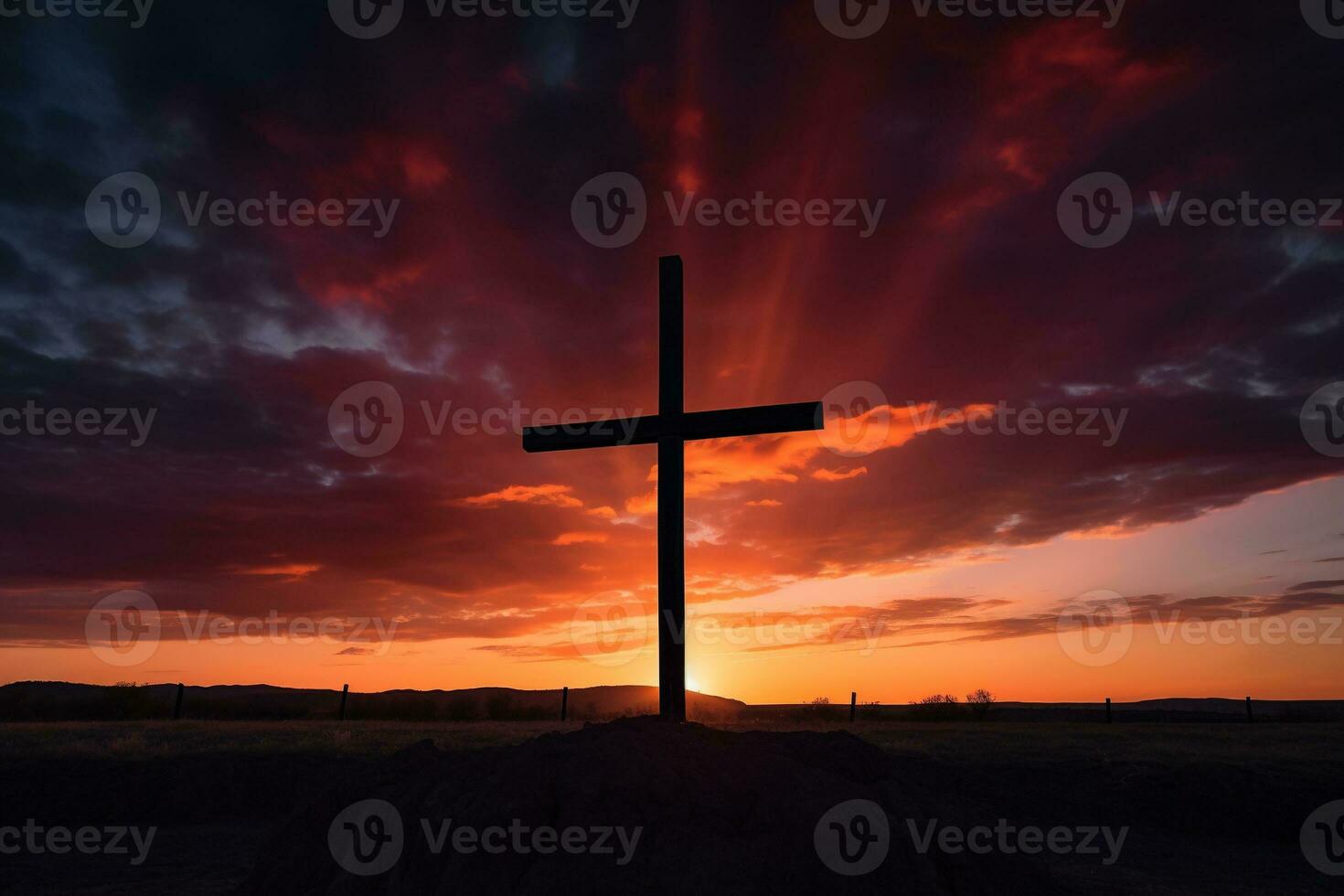 Concept or conceptual wood cross or religion symbol shape over a sunset sky background banner AI generated photo