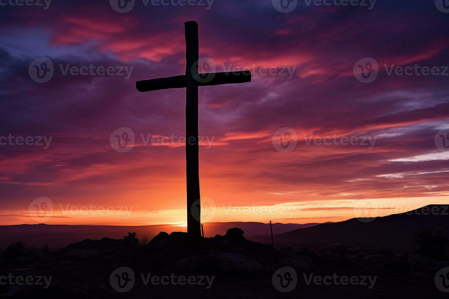 Concept or conceptual wood cross or religion symbol shape over a sunset sky background banner AI generated photo