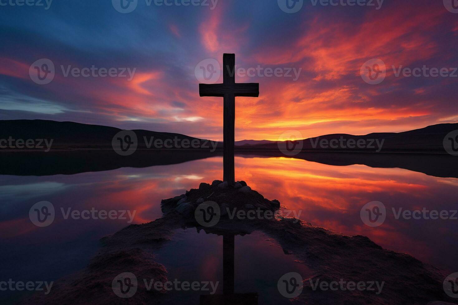 Concept or conceptual wood cross or religion symbol shape over a sunset sky background banner AI generated photo