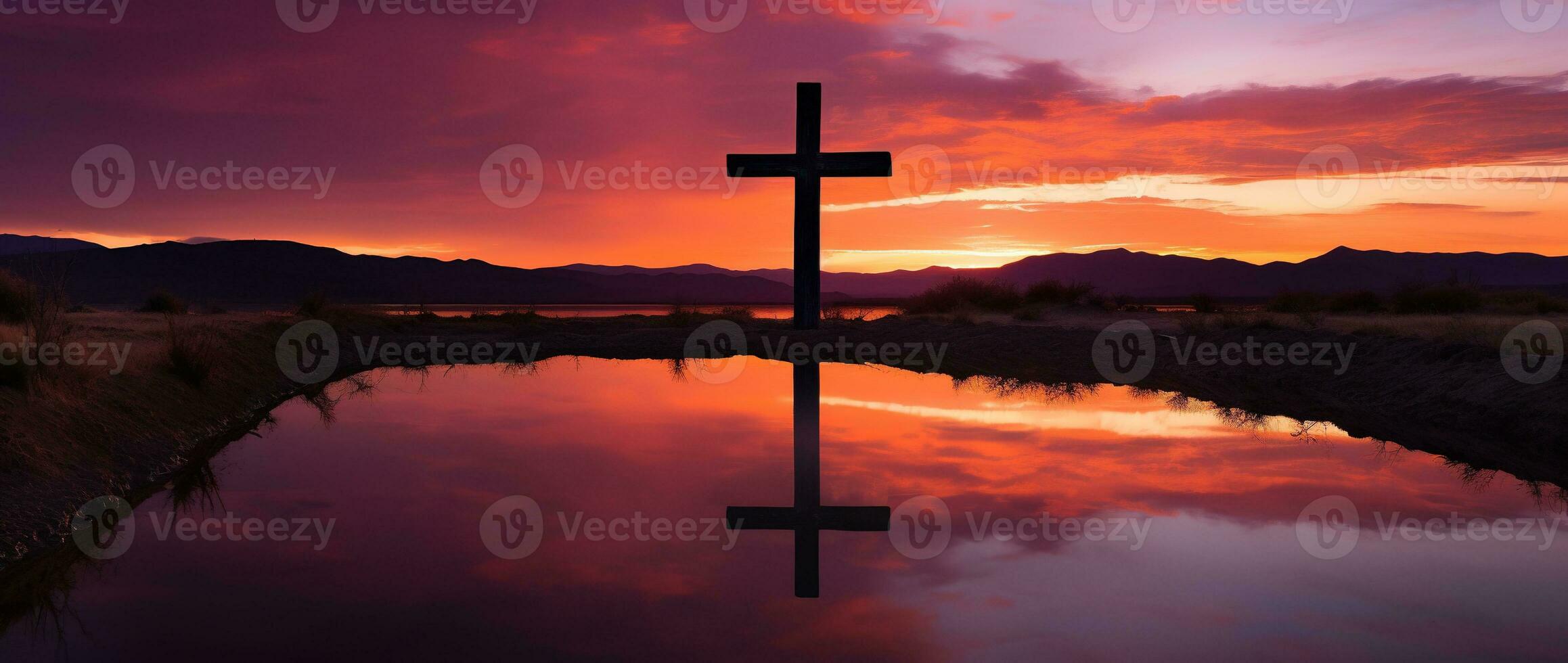 Concept or conceptual wood cross or religion symbol shape over a sunset sky background banner AI generated photo
