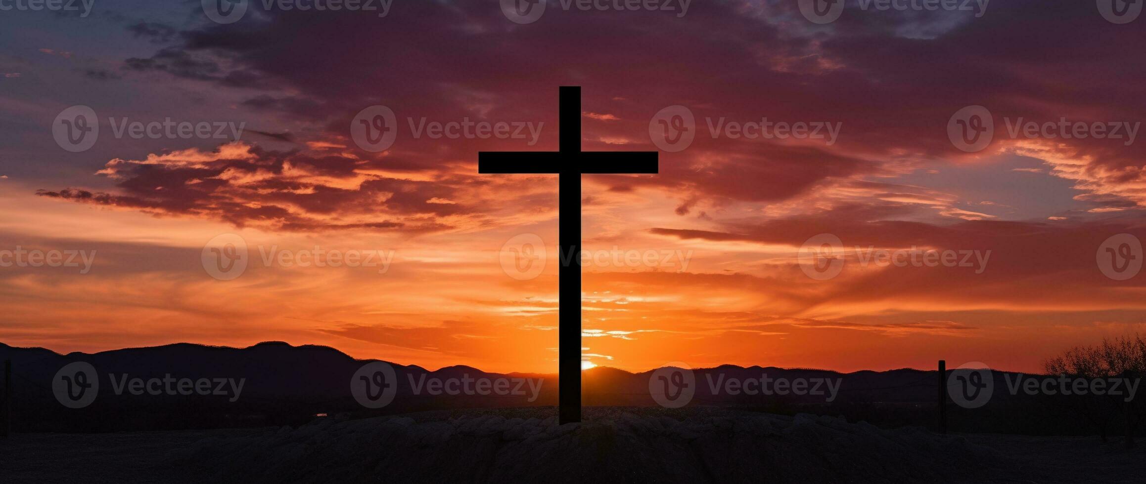 Concept or conceptual wood cross or religion symbol shape over a sunset sky background banner AI generated photo