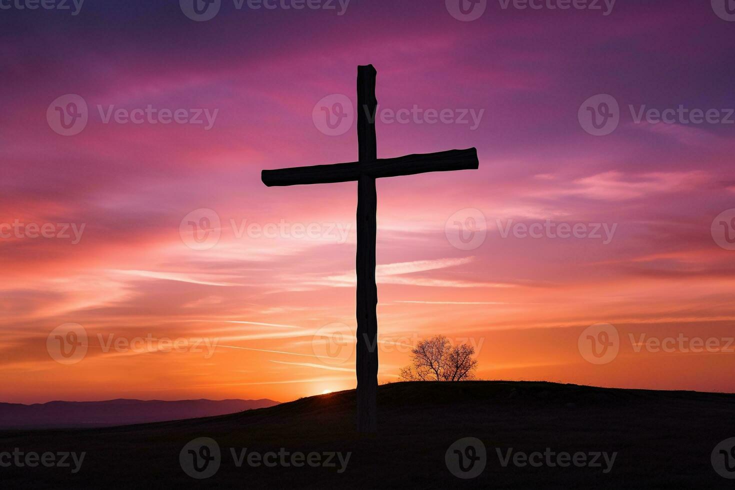 Concept or conceptual wood cross or religion symbol shape over a sunset sky background banner AI generated photo