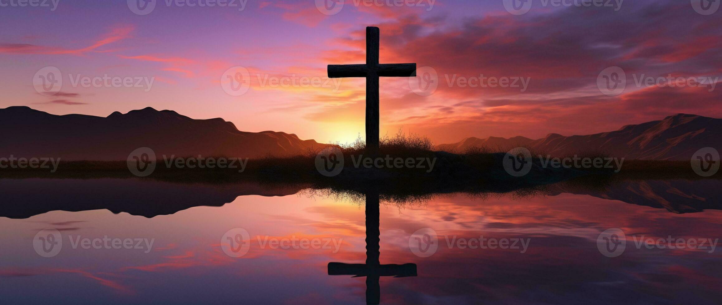 Concept or conceptual wood cross or religion symbol shape over a sunset sky background banner AI generated photo