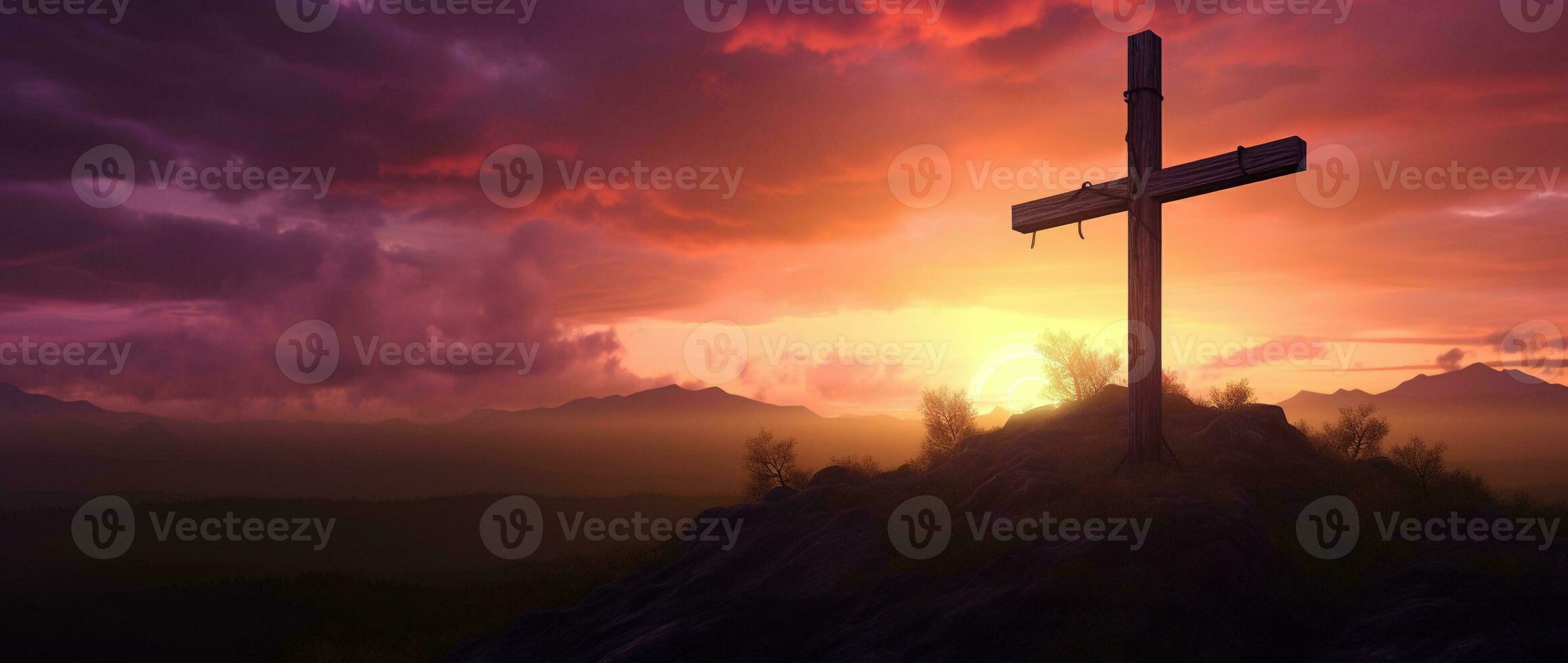 Concept or conceptual wood cross or religion symbol shape over a sunset sky background banner AI generated photo